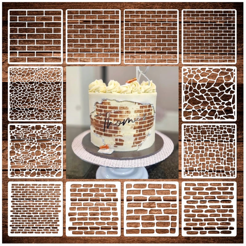 Boqon 12 Pieces Brick Stencil Template  6"" x 6"" Brick Wall Stencil Reusable Crafts Stencils for DIY Crafts Cookie Cake Art Journaling Scrapbooking Card Making Airbrushing Painting or Mixed Media (12-Brick) - Image 1